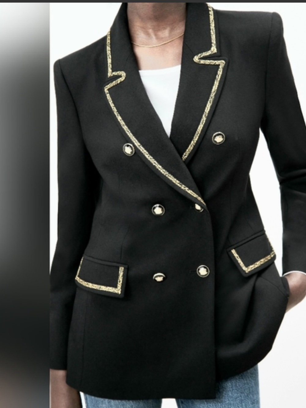ZARA Military Style Black Blazer with Gold
Piping Accent Corporate Chic Medium
